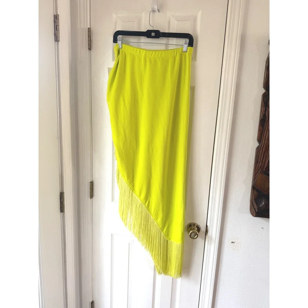 FORE Fringed Midi Skirt Lime Green‎ Asymmetrical Draped Size Large - Picture 5 of 7